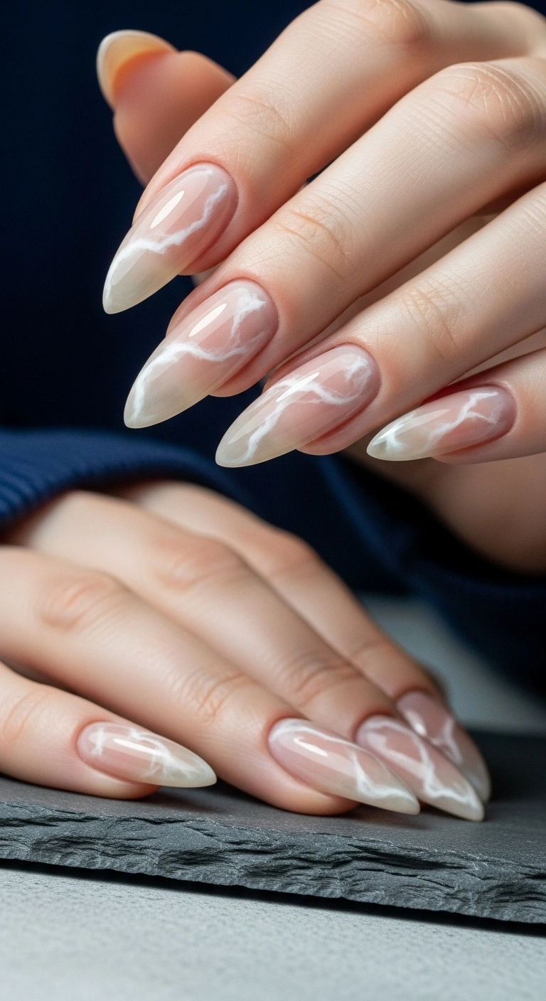 A close-up of stiletto nails with a realistic, high-gloss nude and white marble stone design.