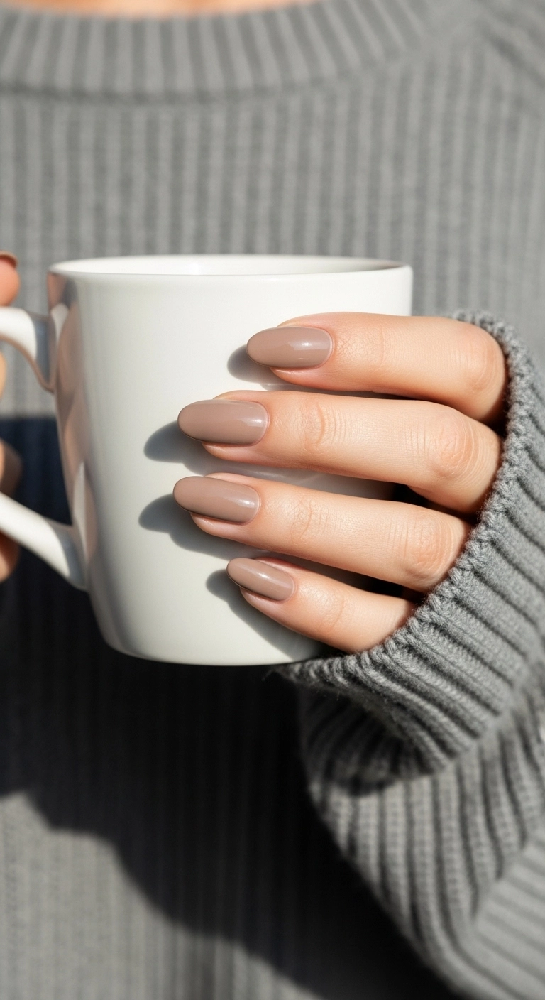A photo of a hand with almond nails painted in a glossy, greige (grey-beige) polish, holding a white mug.