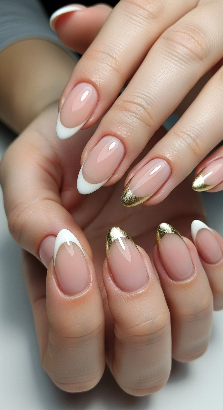 A close-up of almond-shaped nails with a sheer nude base and a crisp, sparkling gold French tip.