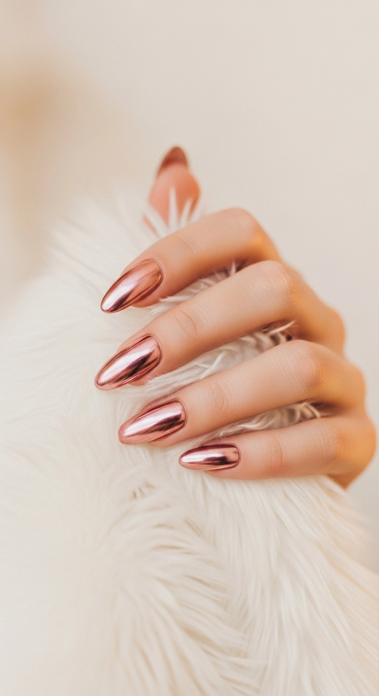 A hand with long almond nails covered in a warm, reflective, rose gold chrome polish.