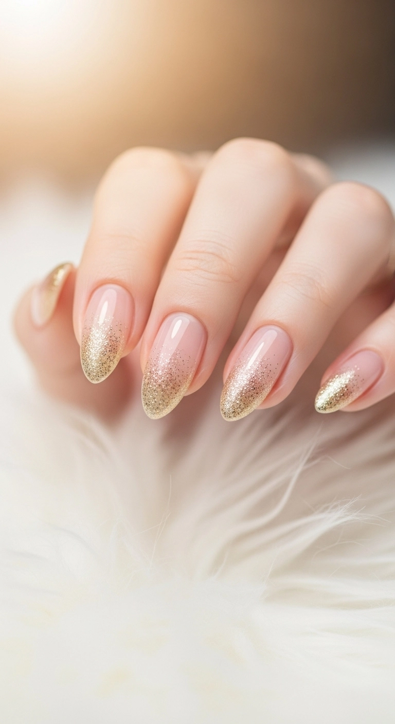 A soft-focus close-up of long almond nails with a sheer nude base, featuring a fine gold glitter ombré fading from the tip.