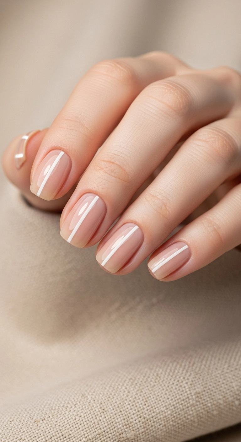 A minimalist photo of short, nude nails with a single, crisp, vertical white line down the center.