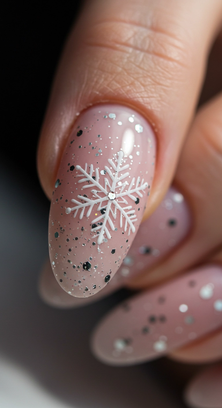An extreme close-up of an icy blue matte nail with a single, intricate, hand-painted white snowflake.