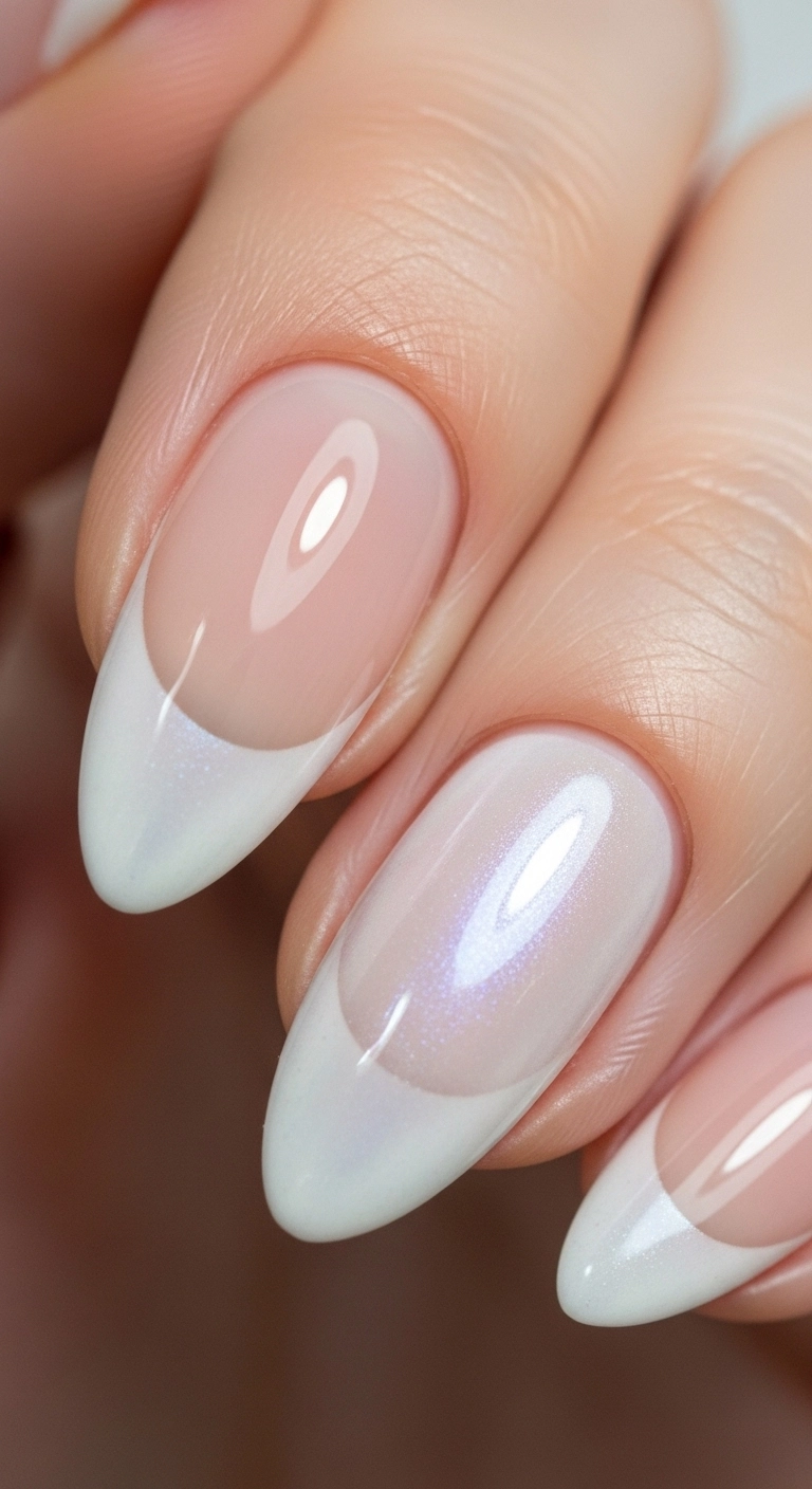 A macro shot of a matte nude nail with a high-shine, pearlescent 