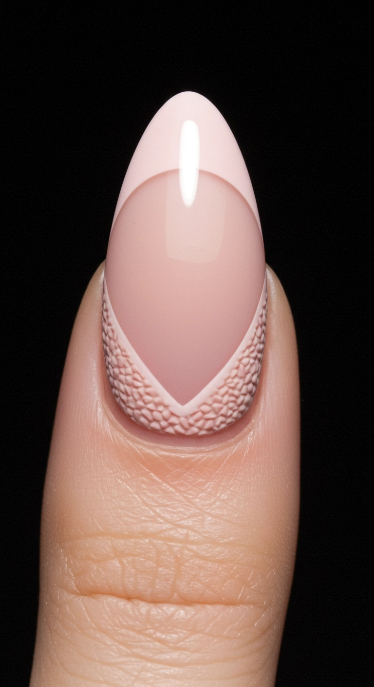 A macro shot of a nude almond nail with a matte base and a high-gloss V-shaped nude French tip.