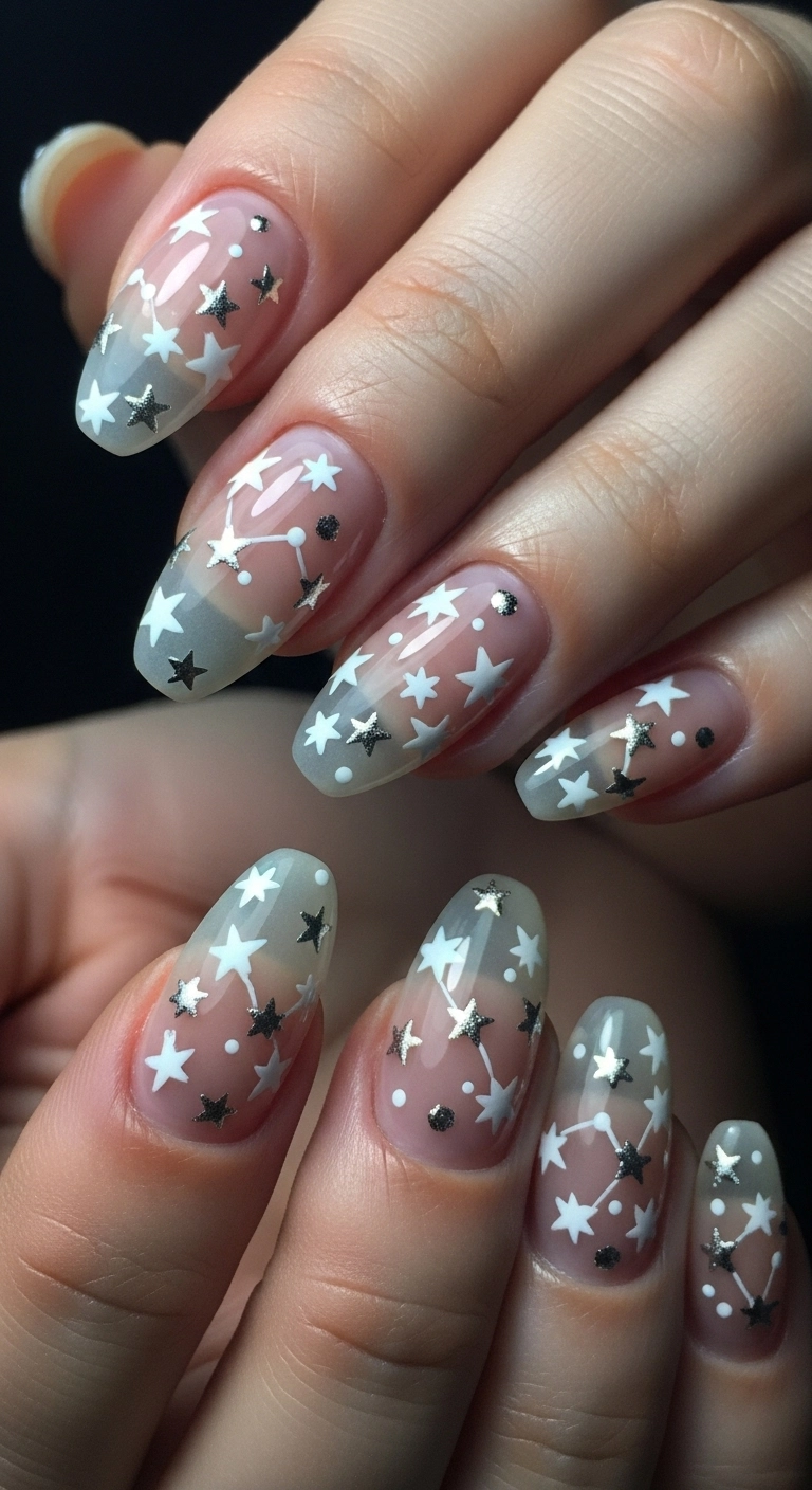 A macro shot of matte, sheer nude nails adorned with tiny, hand-painted white and silver stars.