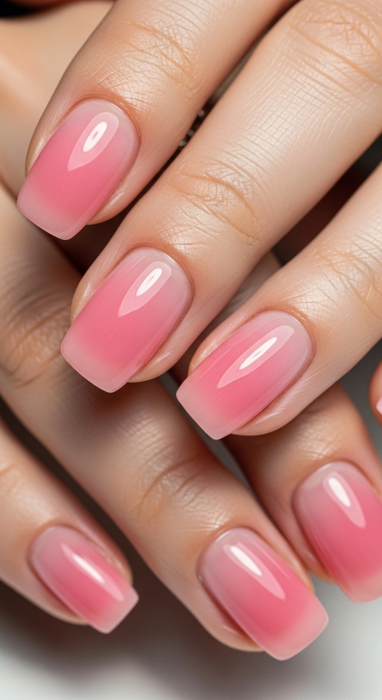 A macro shot of natural nails with a sheer, jelly-like pink polish and an extremely high-gloss, wet-look top coat.