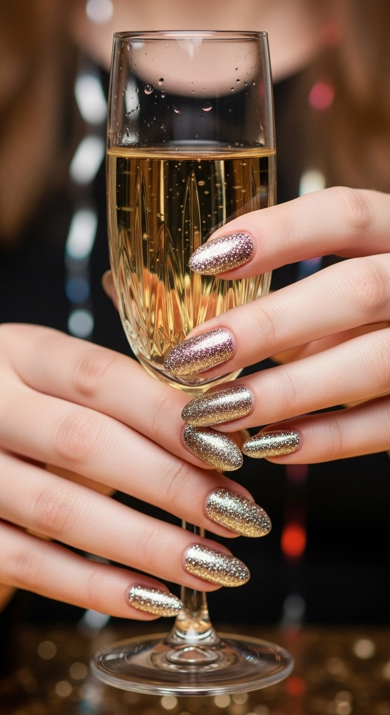 A glamorous photo of hands with almond-shaped nails covered in sparkling, full-on champagne gold glitter polish.