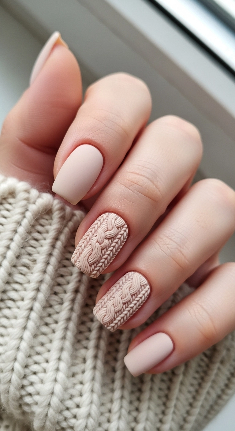 A macro shot of a short, matte beige nail with a 3D cable knit sweater texture.