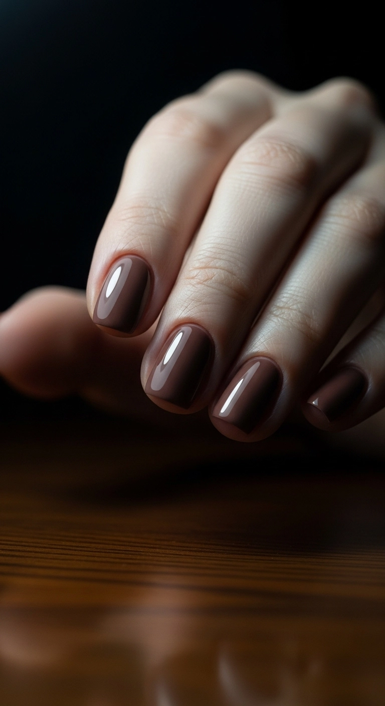 A moody close-up of short, rounded nails painted in a high-gloss, deep taupe polish.