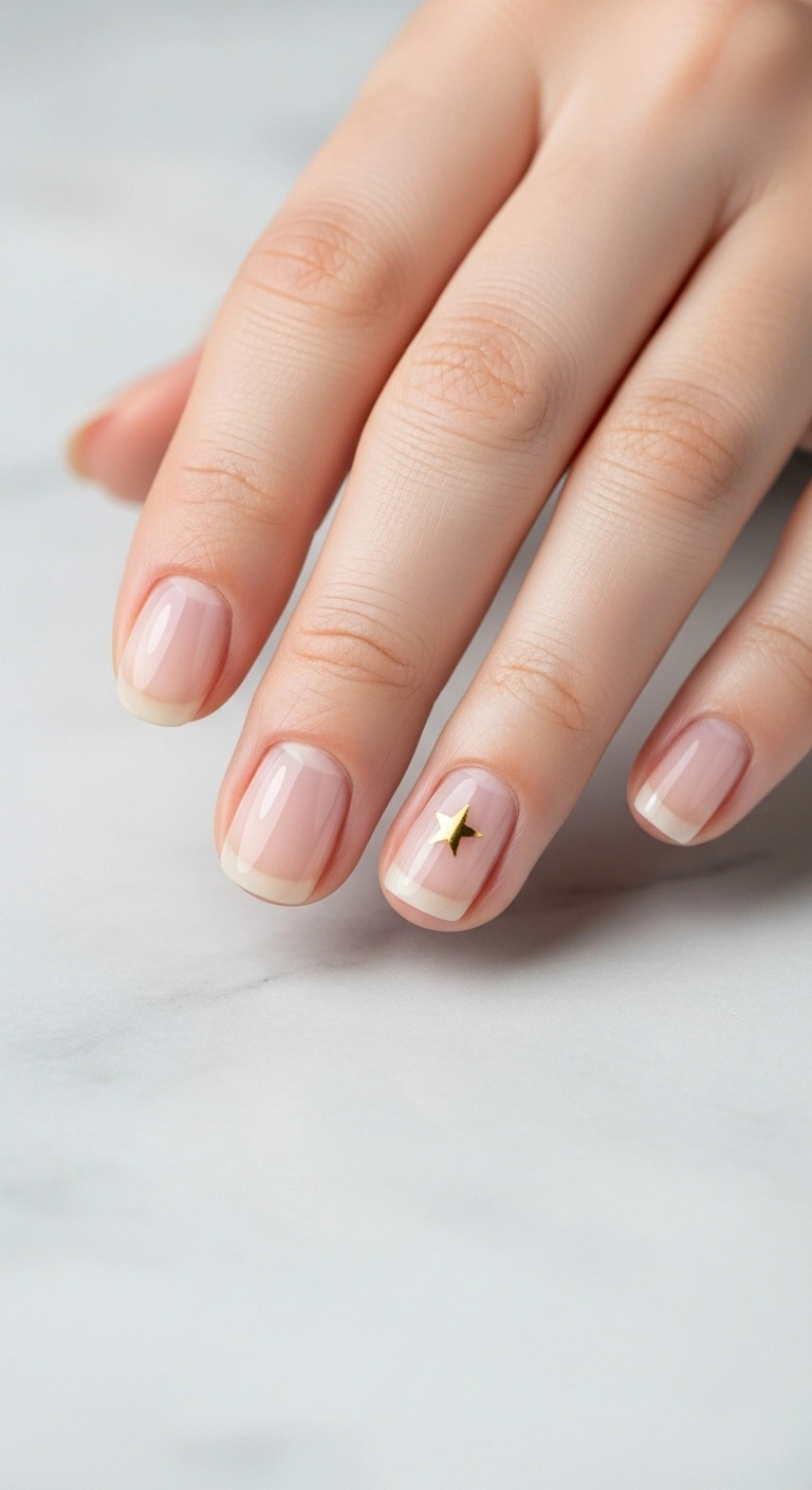 A minimalist photo of short, natural nails with a clear polish and a single, tiny gold star on the ring finger.