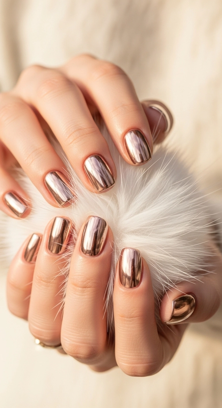 Pretty birthday nails in a soft, reflective rose gold chrome.