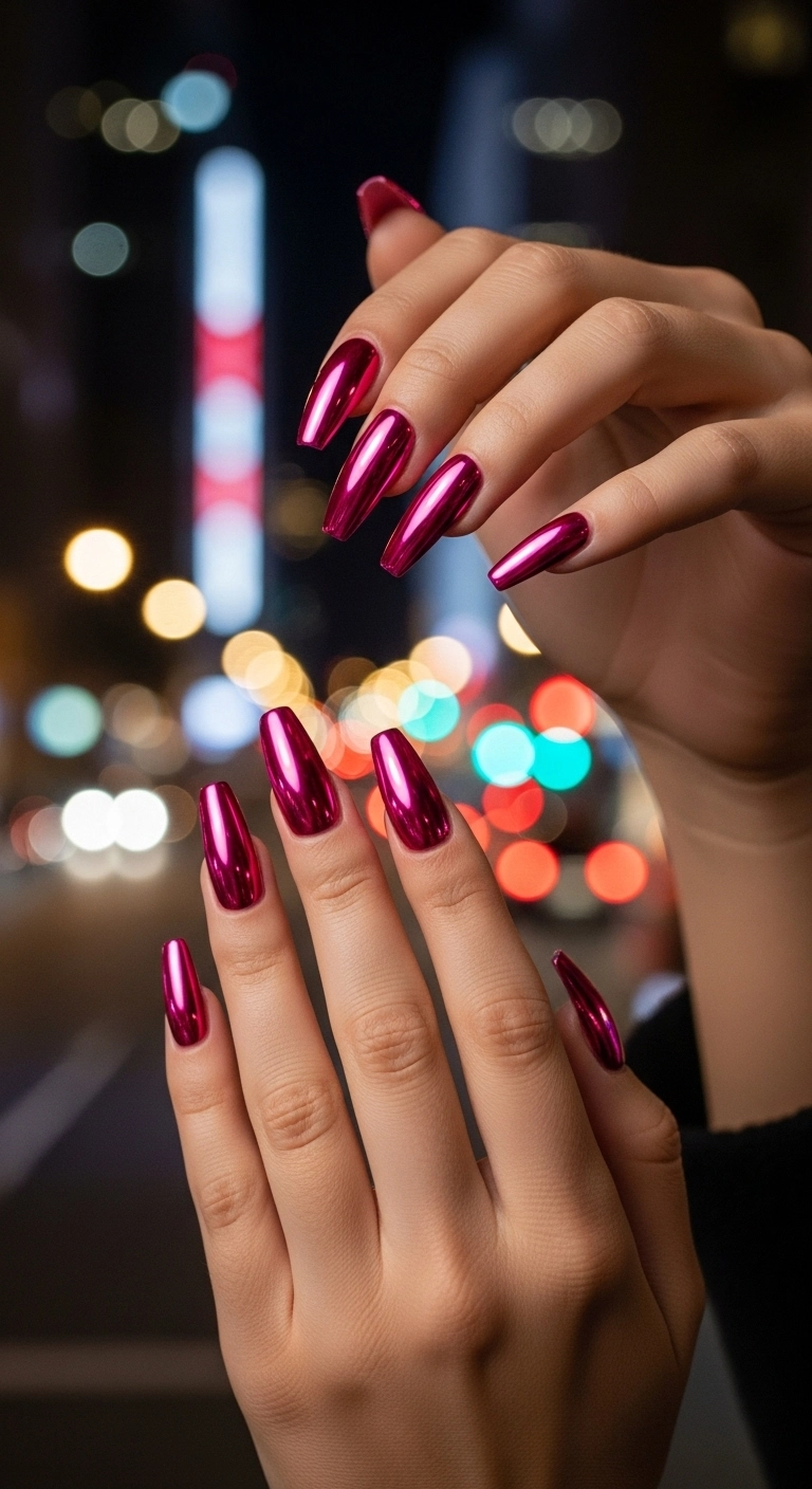 Pretty birthday nails in a vibrant, reflective hot pink chrome.