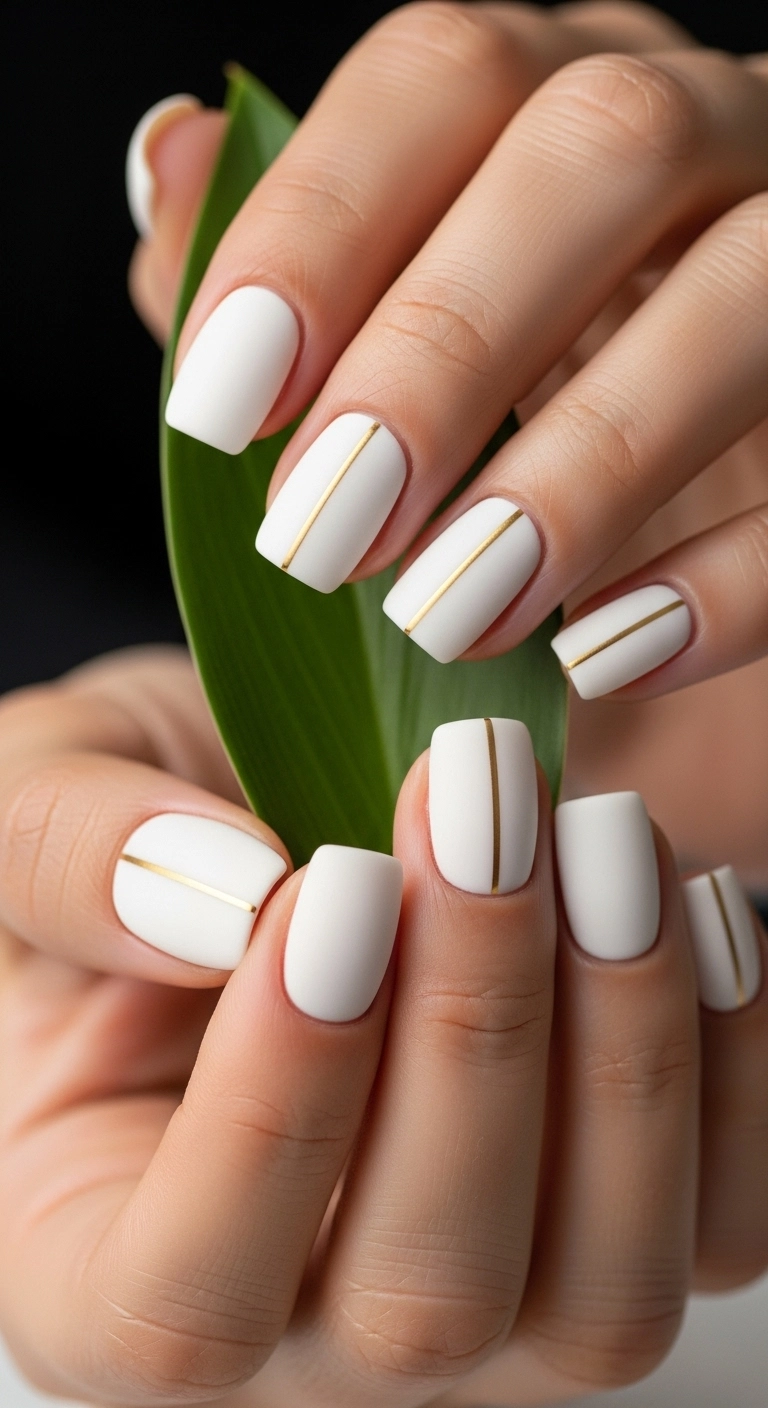 Pretty and minimalist birthday nails with a white base and a single gold line.