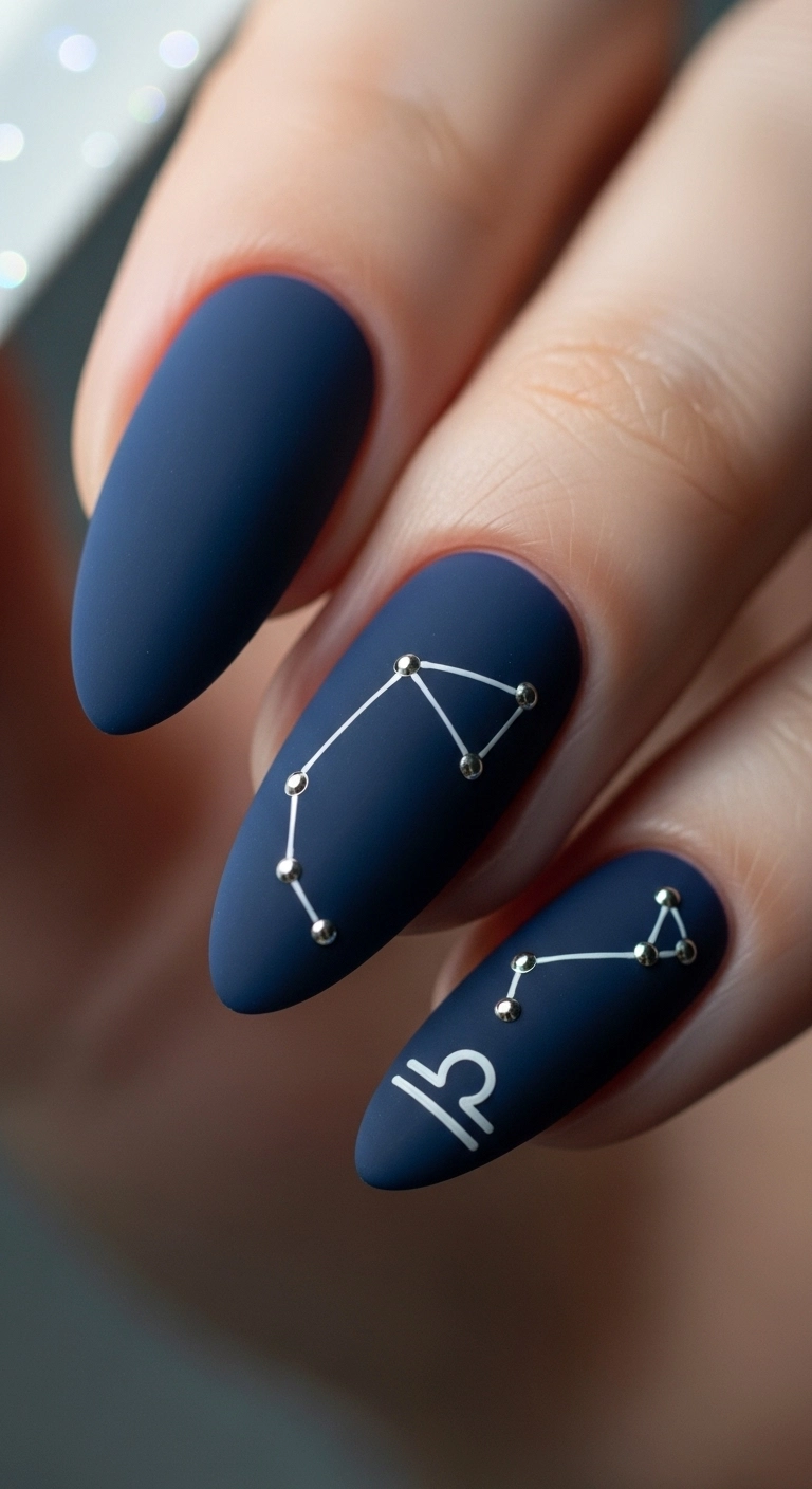 A pretty birthday nail with a minimalist zodiac constellation design.