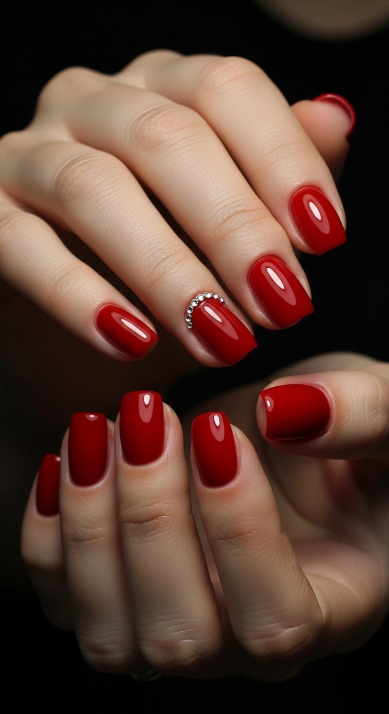 Pretty birthday nails in a classic red with a rhinestone cuticle accent.