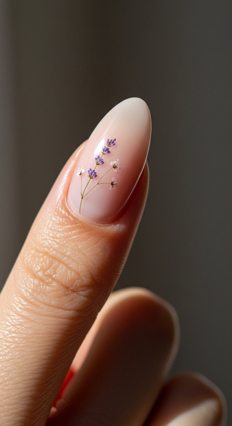 A pretty birthday nail with a delicate, hand-painted floral design on a nude base.