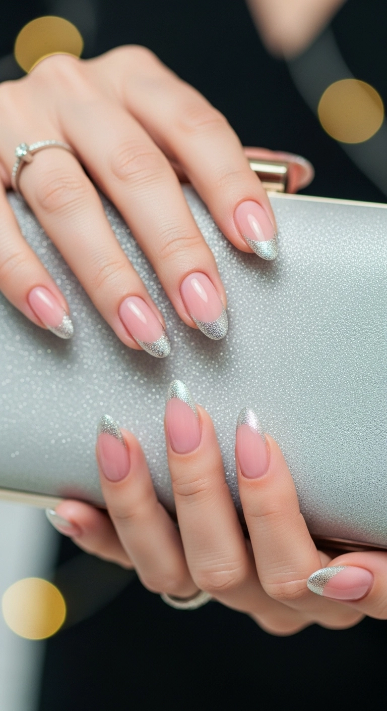 Pretty birthday nails featuring a classic French manicure with silver glitter tips.