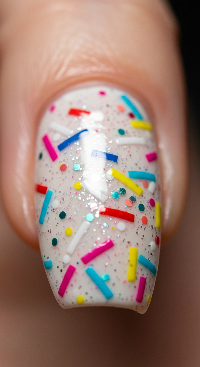 Close-up of a pretty birthday nail with a funfetti 