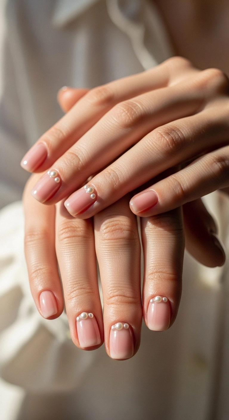 Elegant and pretty birthday nails with a sheer pink base and subtle pearl accents.