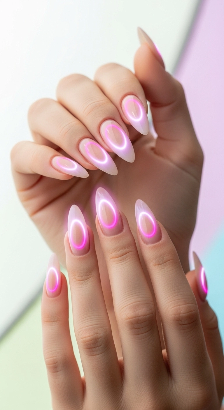 Pretty birthday nails with a trendy pastel pink and lavender aura design.