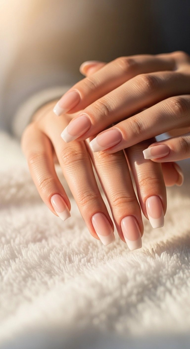 Pretty birthday nails in a soft, pastel pink French ombré (baby boomer) style.
