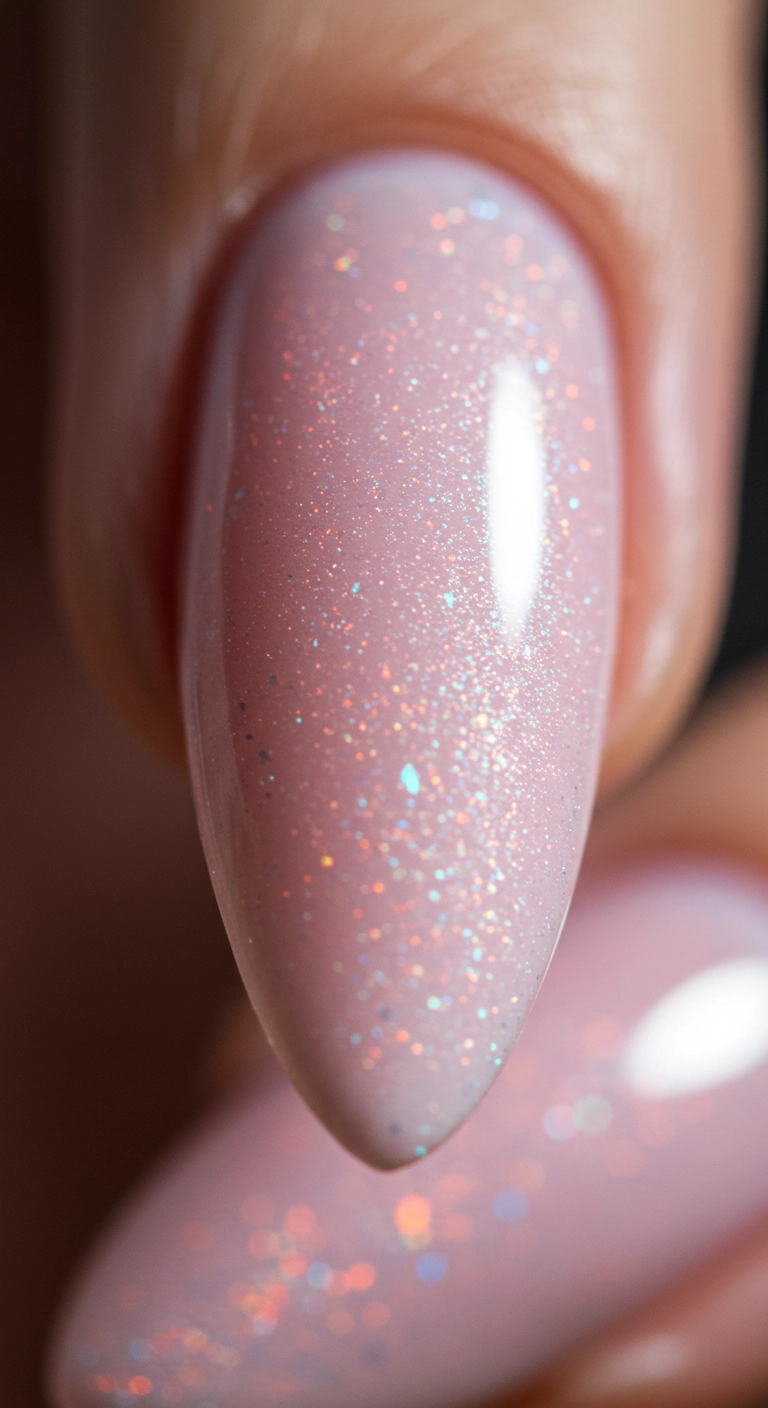 A pretty birthday nail with a sheer pink base and a magical iridescent shimmer topcoat.