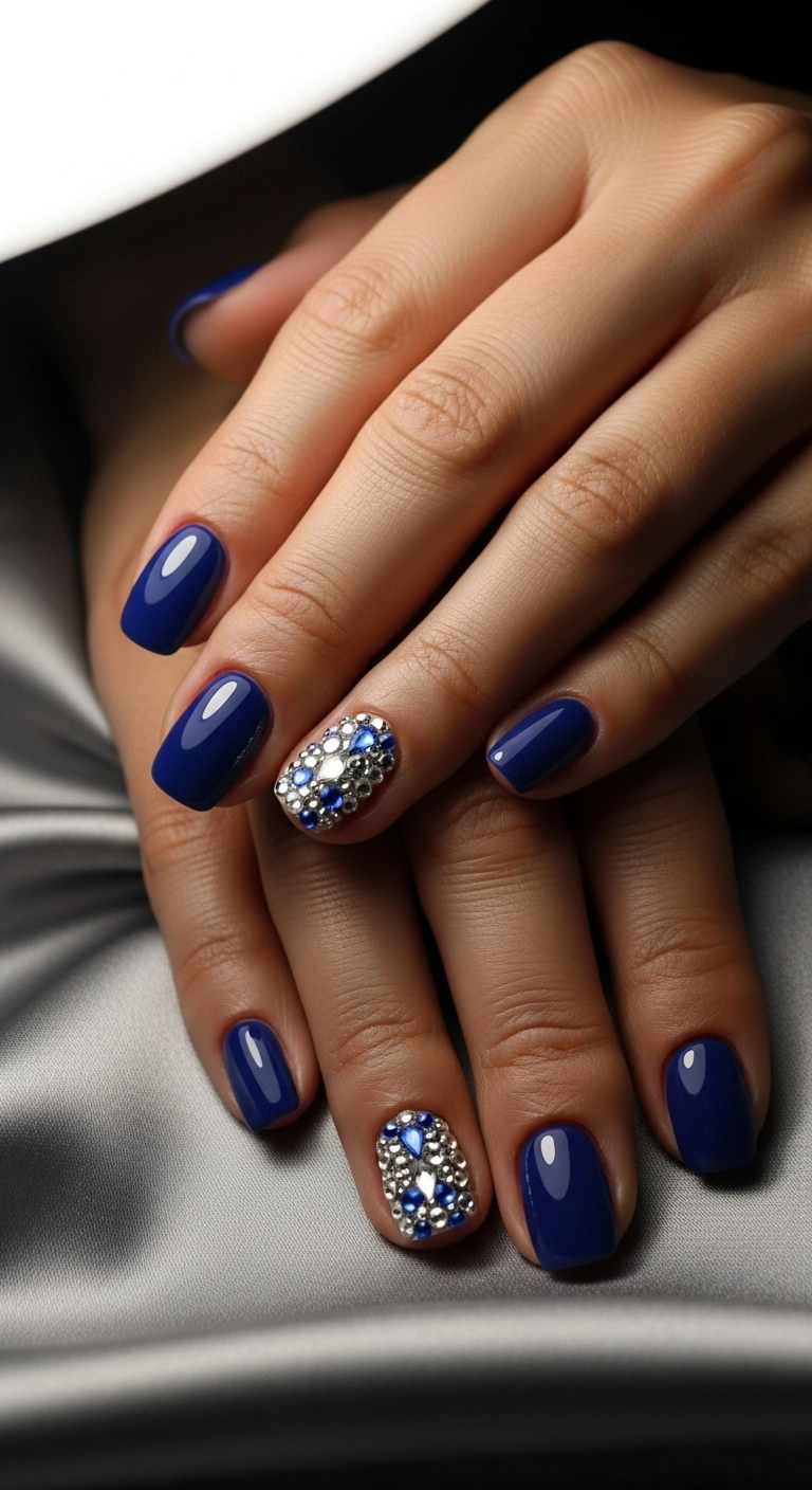 Pretty birthday nails in a solid color with birthstone gem accents.