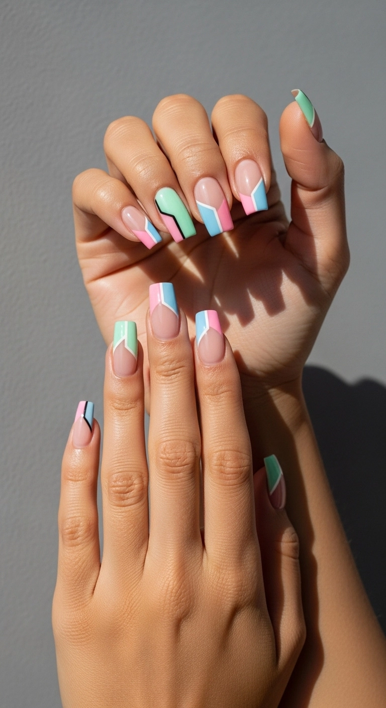 Pretty birthday nails with a modern, minimalist pastel color-block design.
