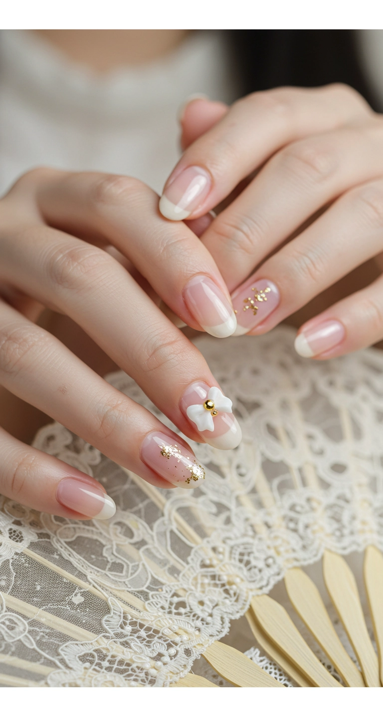 Pretty birthday nails in a coquette style with a dainty 3D bow accent.
