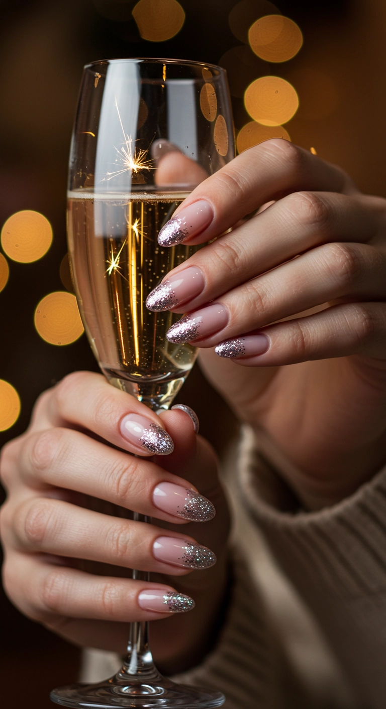 Close-up of pretty birthday nails with a classic silver glitter fade on a nude base.