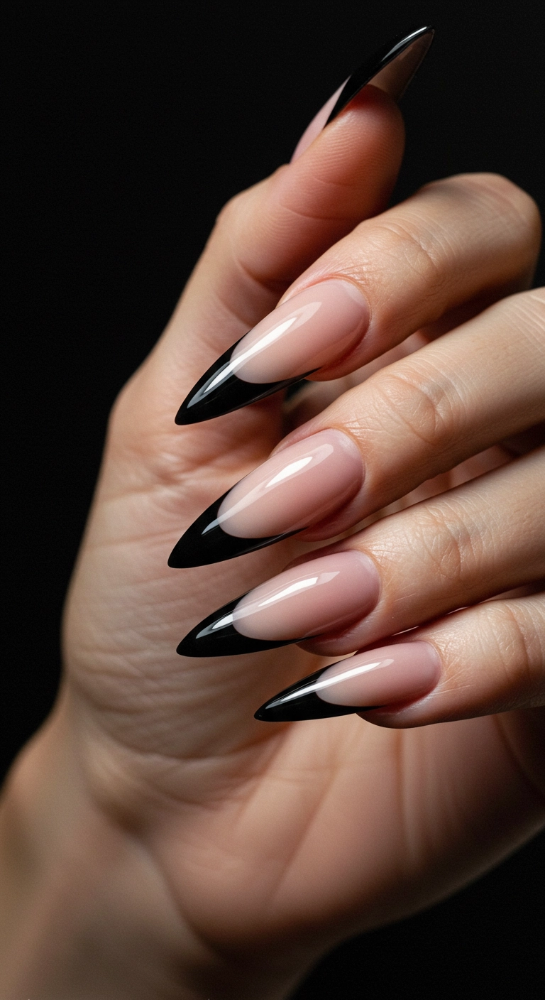 A macro shot of a stiletto nail with a sheer nude base and a deep, sharp V-shaped black French tip.