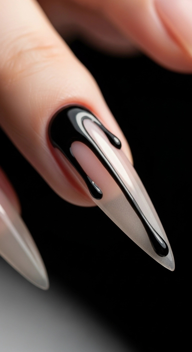 A close-up of a nude stiletto nail with a high-gloss black 