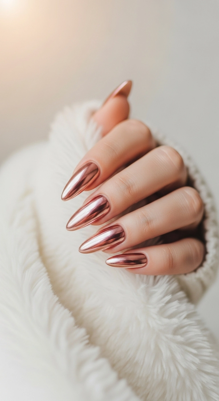 A hand with long stiletto nails covered in a warm, reflective, rose gold chrome polish.