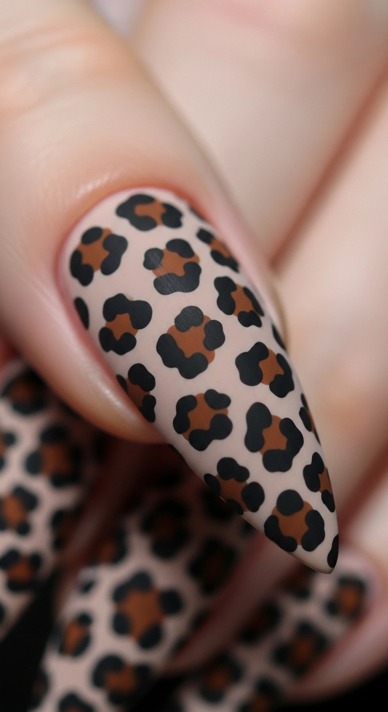 A macro shot of a stiletto nail with a full, realistic leopard print, finished with a matte top coat.