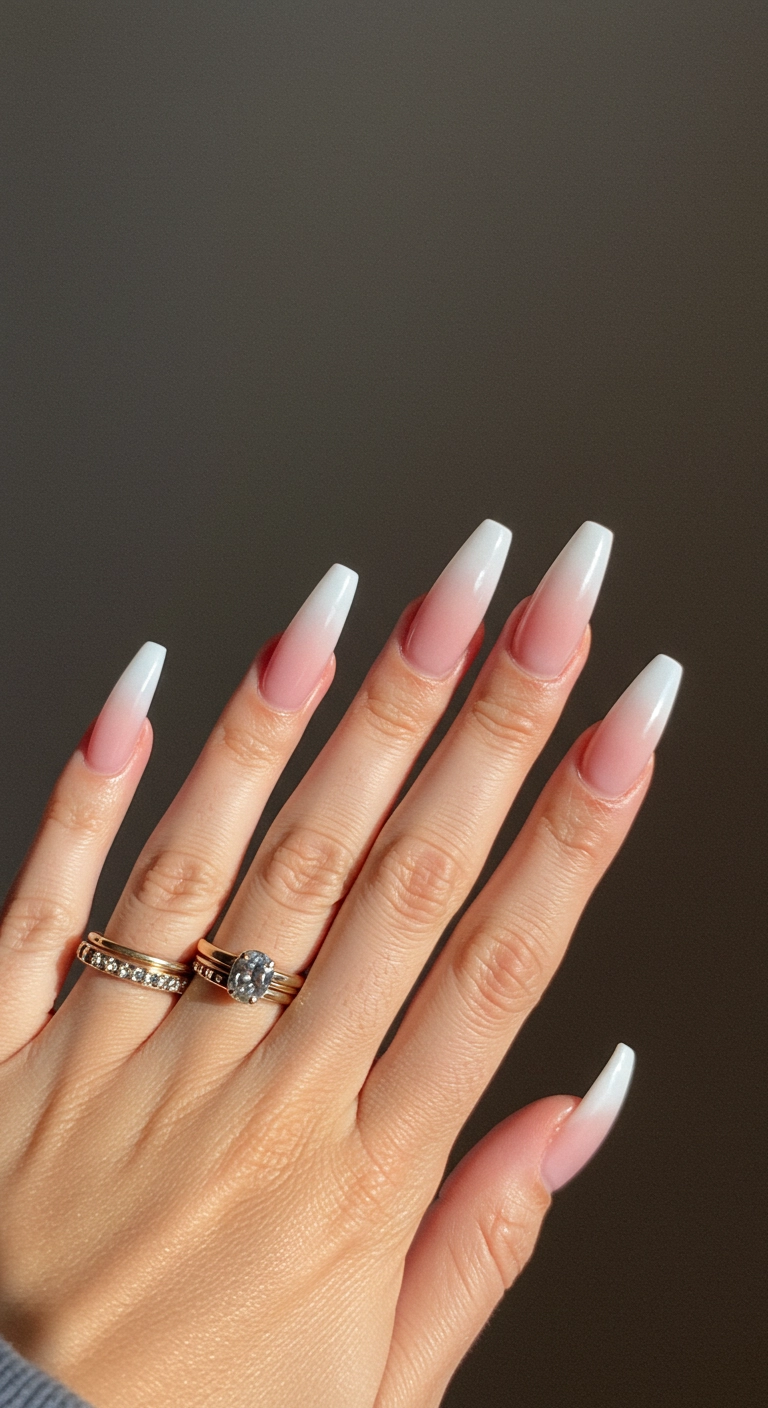 A close-up of a long stiletto nail with a seamless, high-gloss baby boomer ombré (pink-to-white).