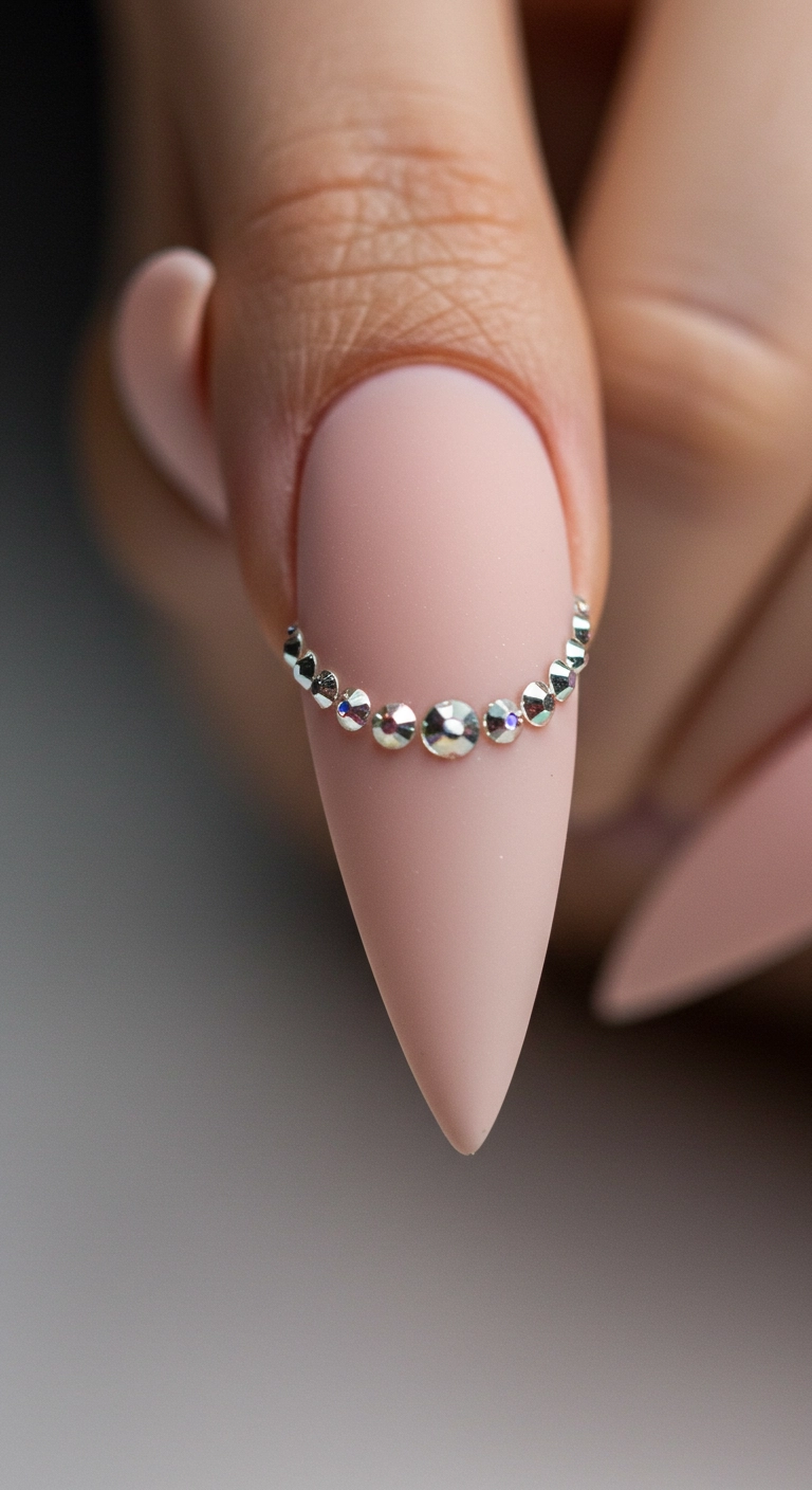 A macro shot of a matte nude stiletto nail with a delicate line of tiny rhinestones at the cuticle.