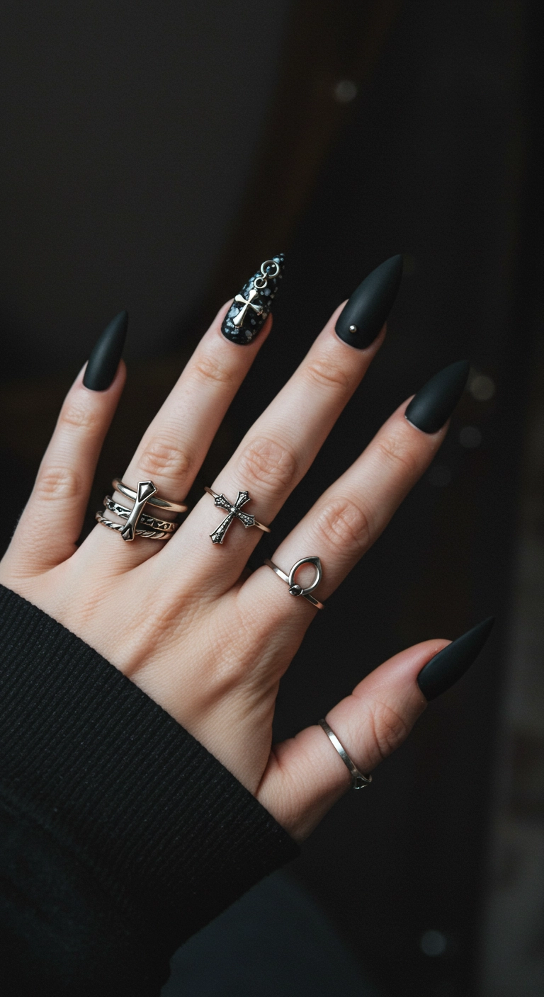 A close-up of matte black stiletto nails, one with a 3D cross charm and another with a nail piercing.
