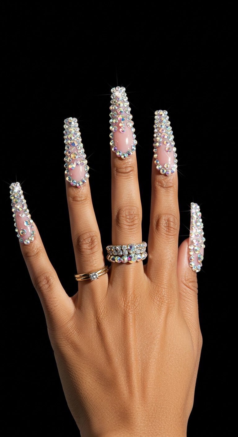 A hand with long stiletto nails completely encrusted in tiny, sparkling, clear rhinestones.