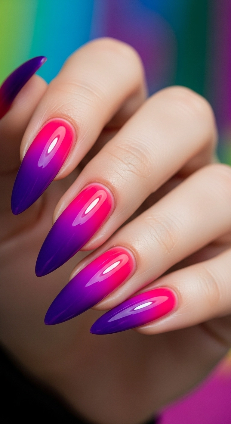 A vibrant close-up of a stiletto nail with a high-gloss ombré, blending from hot pink to deep purple.