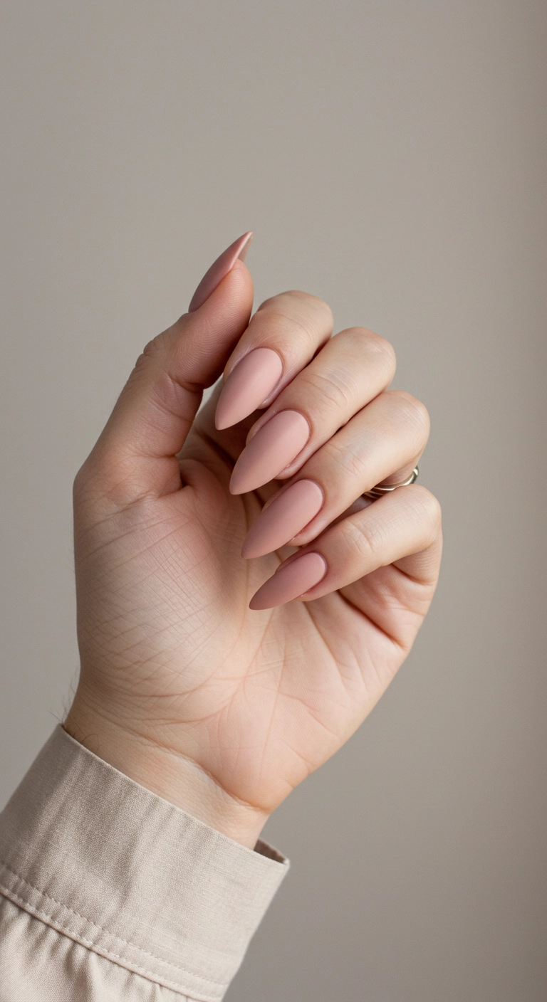 A minimalist photo of long, sharp stiletto nails painted in a clean, elegant, matte nude polish.