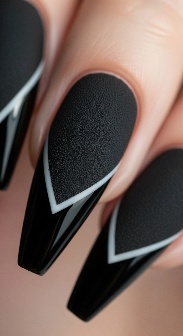 A macro shot of a black stiletto nail with a matte base and a high-gloss V-shaped French tip.