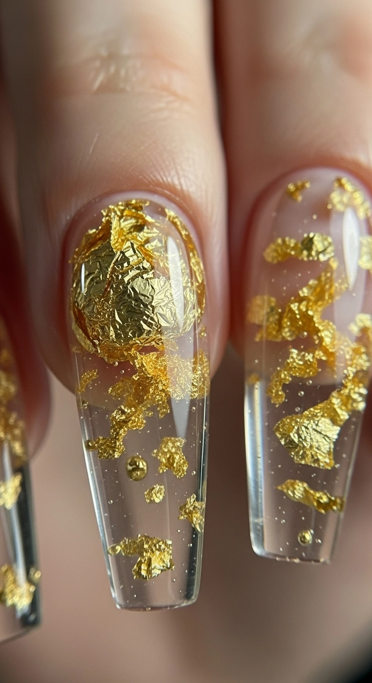 A macro shot of a clear stiletto nail with large and small gold foil flakes encapsulated inside the acrylic.