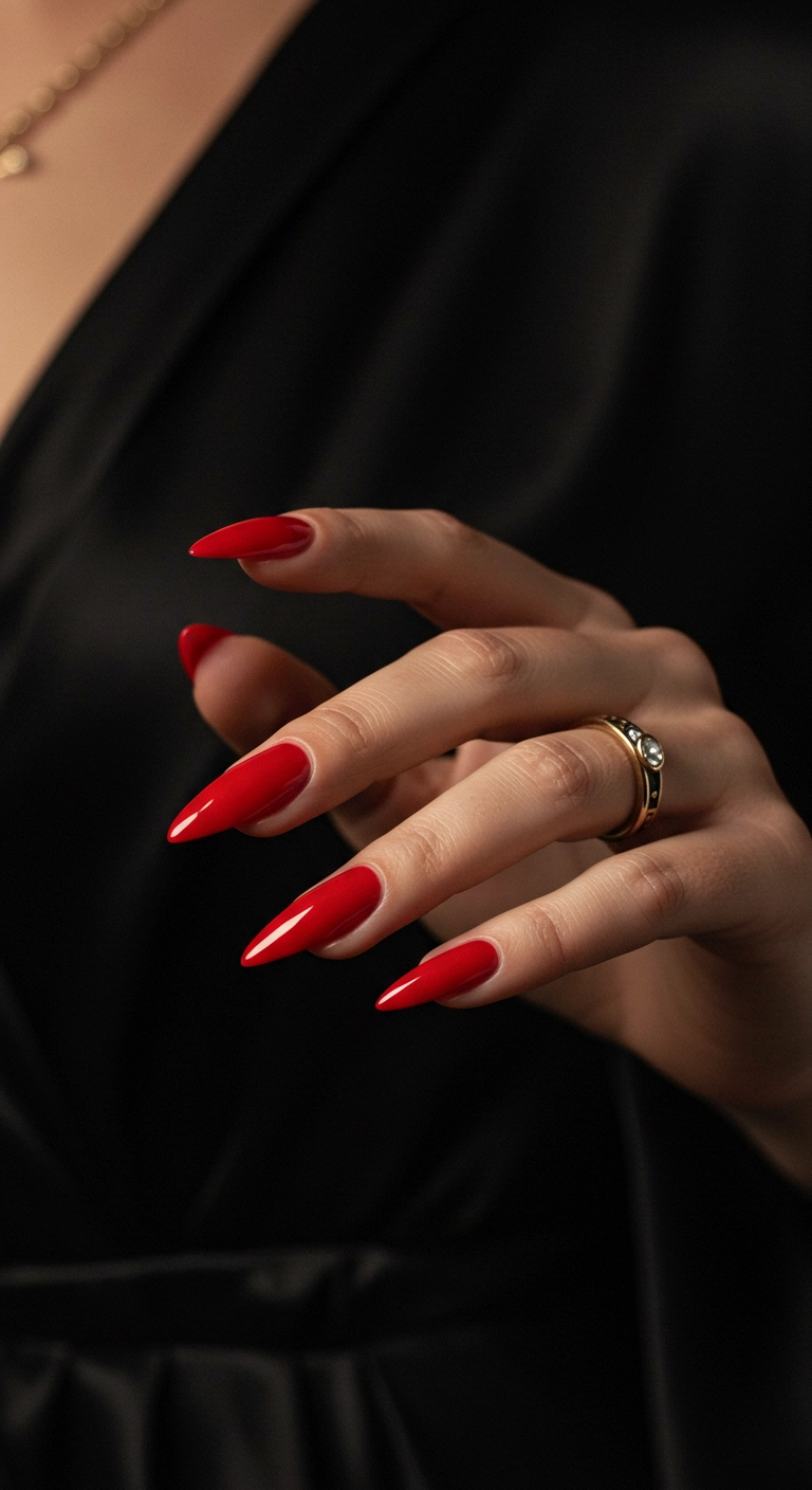 A cinematic close-up of a hand with flawless, high-gloss red, long stiletto nails.