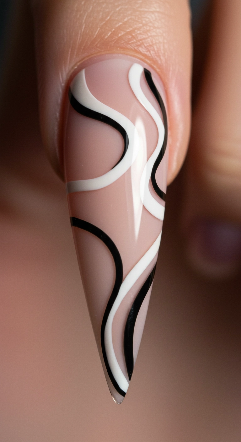 An artistic close-up of a nude stiletto nail with bold, abstract, curving lines of black and white polish.
