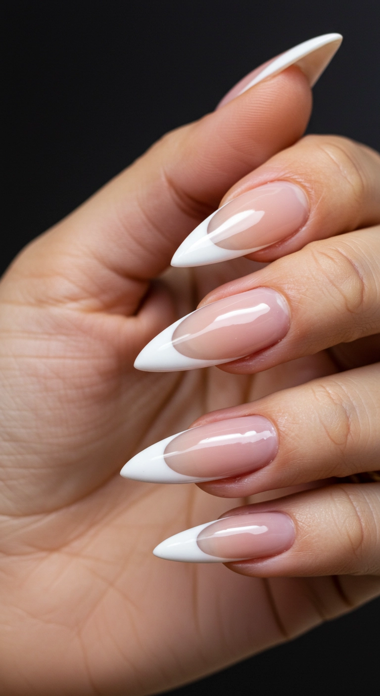 A macro shot of a stiletto nail with a sheer pink base and a deep, sharp V-shaped white French tip.