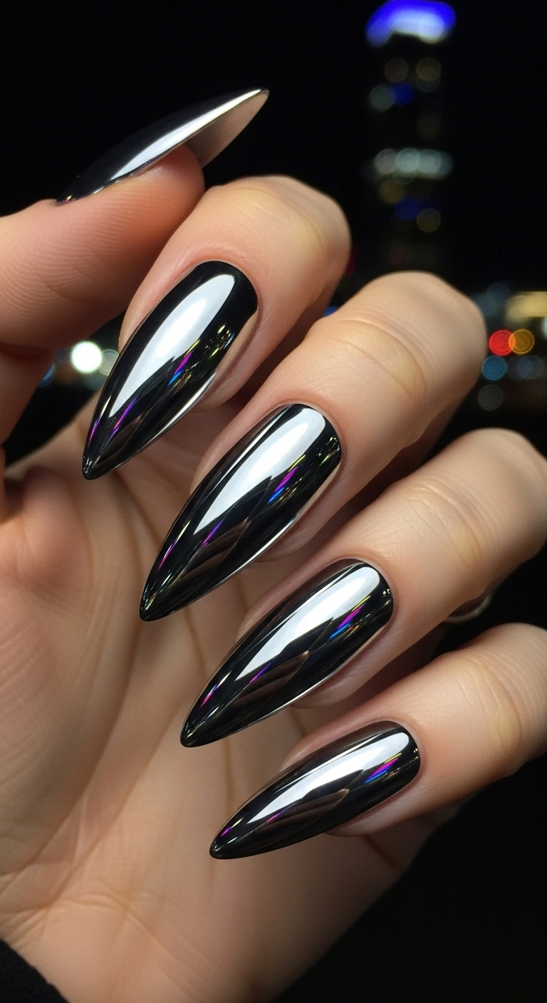 A hand with long stiletto nails covered in a highly reflective, liquid-silver mirror chrome finish.