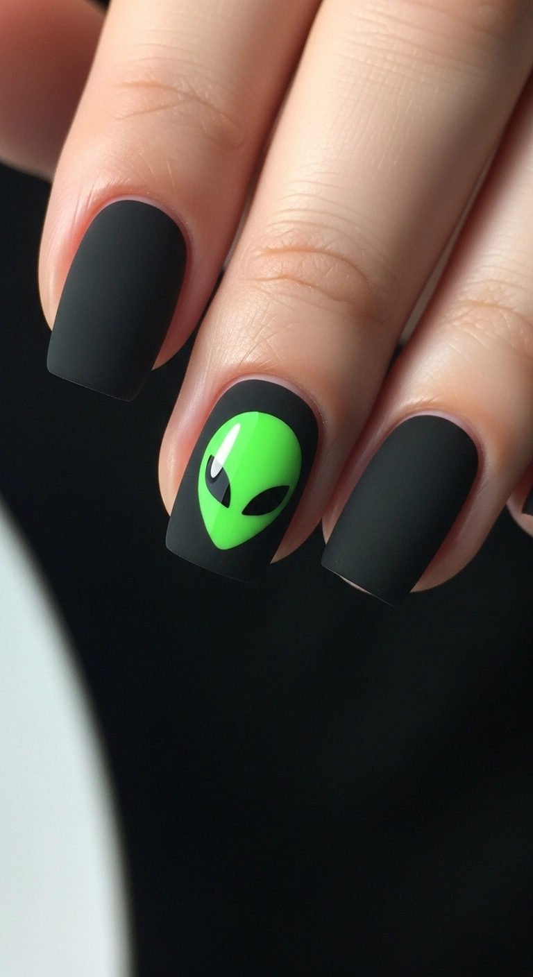 A macro shot of a matte black nail with a simple, neon green alien head silhouette.