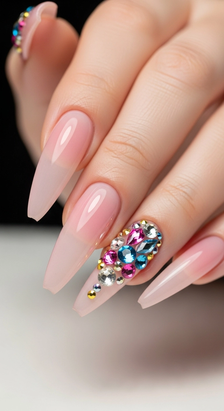 A hand with long, sheer pink nails, featuring a cluster of colorful rhinestones at the cuticle.