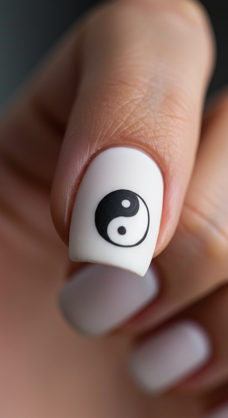 A macro shot of a matte white nail with a simple, black yin-yang symbol.